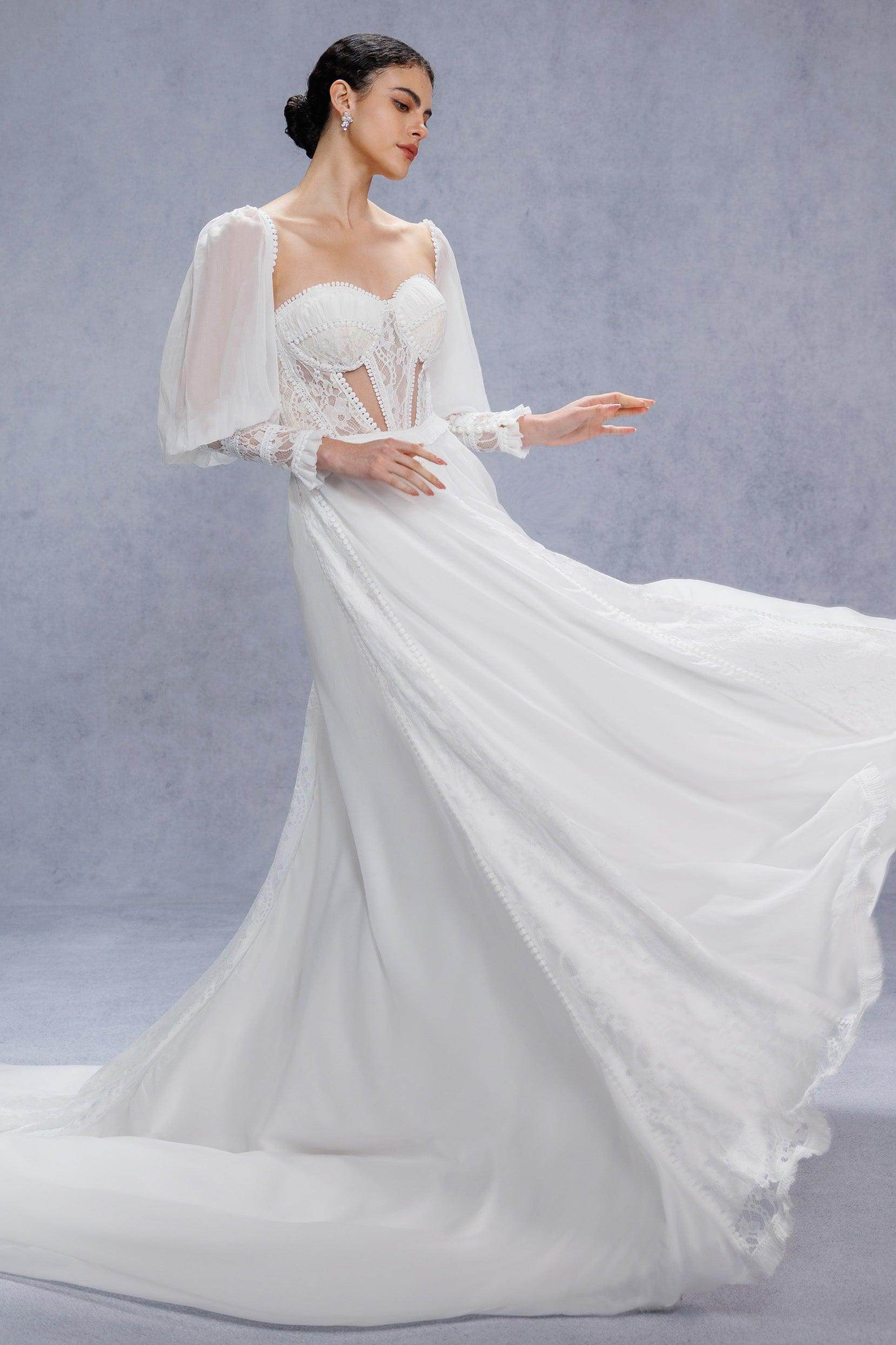 A-Line Court Train Chiffon Lace Wedding Dress CW3357 - COCOMELODY